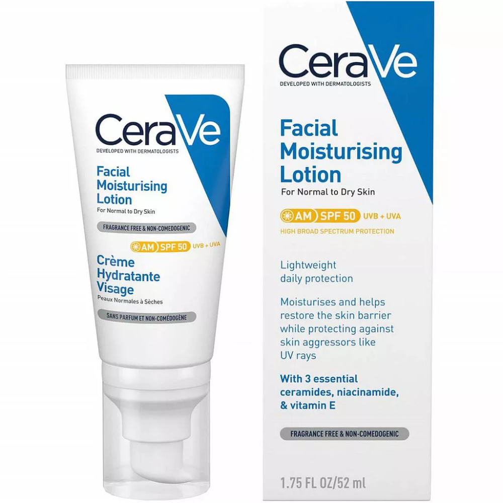 CERAVE CRÈME HYDRATANTE VISAGE SPF50 PEAUX NORMALES À SÈCHES 52ML
